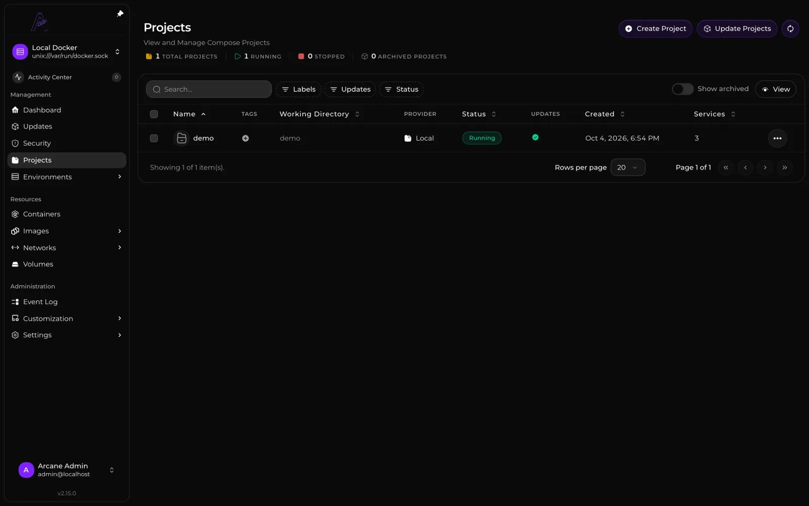 Arcane's Projects screen, listing Docker Compose projects with status, provider, and service count