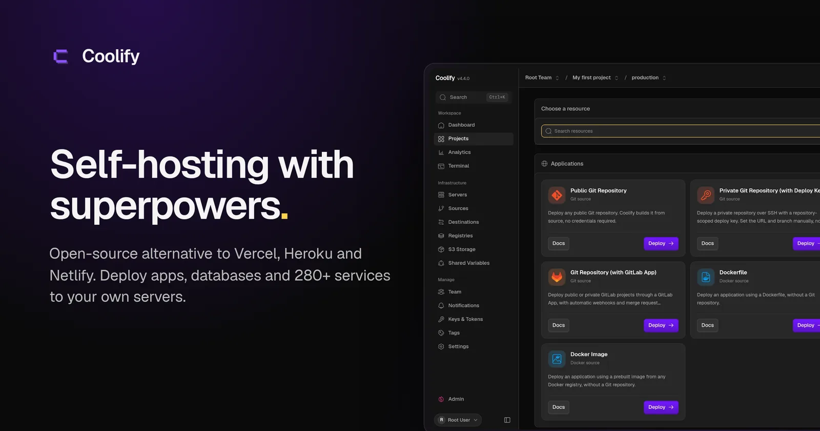 Coolify dashboard showing the resource picker for deploying a Git repository, Docker image, or Dockerfile