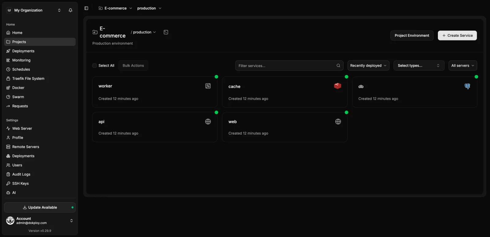 Dokploy dashboard showing a project's running services — worker, cache, db, api, and web — each with a green status dot