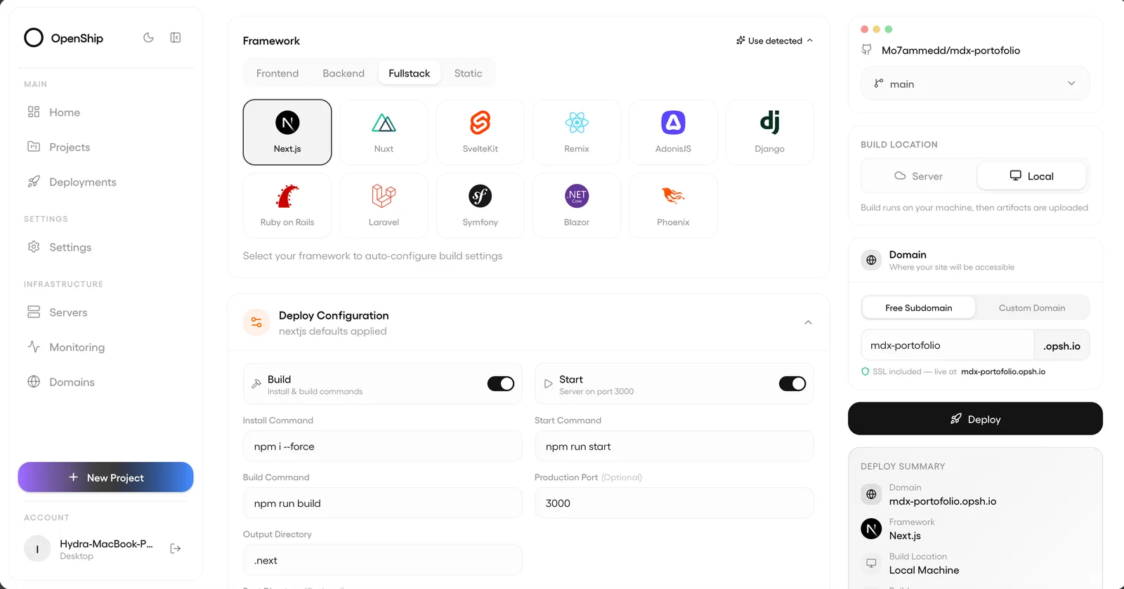 Openship's deployment screen, with framework auto-detection, build configuration, and a live deploy summary